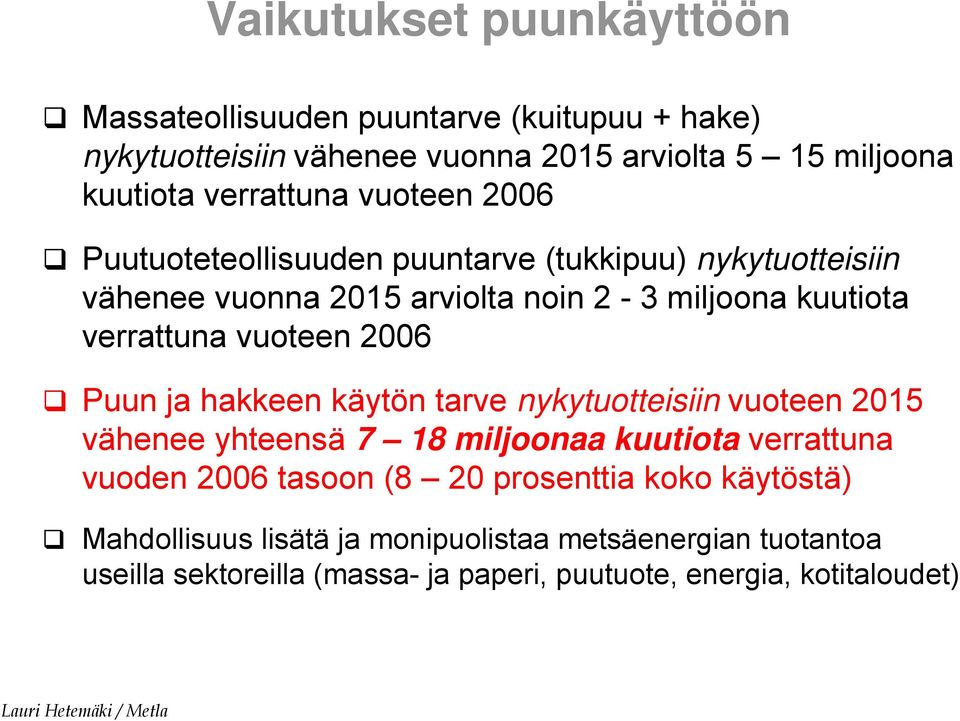 vuoteen 2006 Puun ja hakkeen käytön tarve nykytuotteisiin vuoteen 2015 vähenee yhteensä 7 18 miljoonaa kuutiota verrattuna vuoden 2006 tasoon (8 20