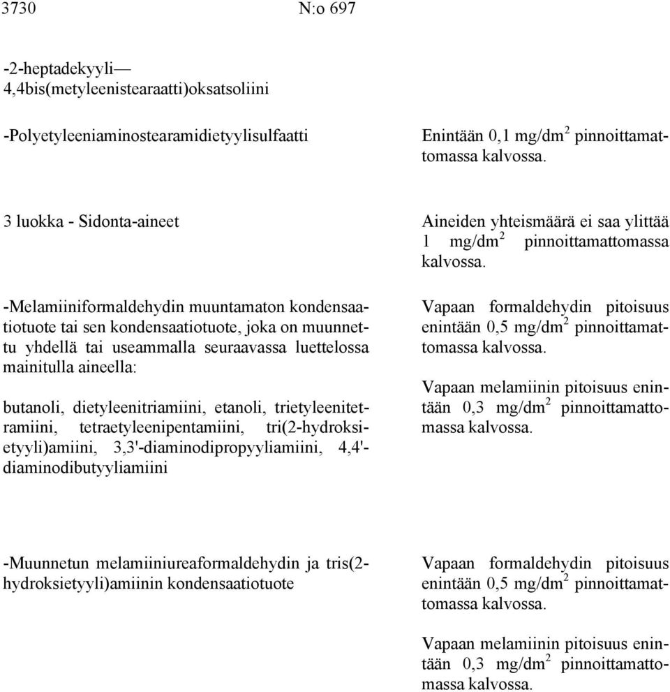 mainitulla aineella: butanoli, dietyleenitriamiini, etanoli, trietyleenitetramiini, tetraetyleenipentamiini, tri(2-hydroksietyyli)amiini, 3,3'-diaminodipropyyliamiini, 4,4'- diaminodibutyyliamiini