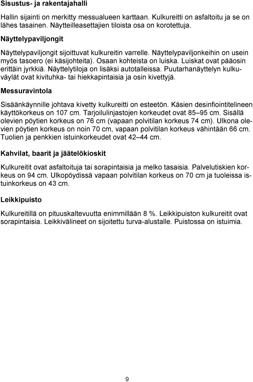 Luiskat ovat pääosin erittäin jyrkkiä. Näyttelytiloja on lisäksi autotalleissa. Puutarhanäyttelyn kulkuväylät ovat kivituhka- tai hiekkapintaisia ja osin kivettyjä.