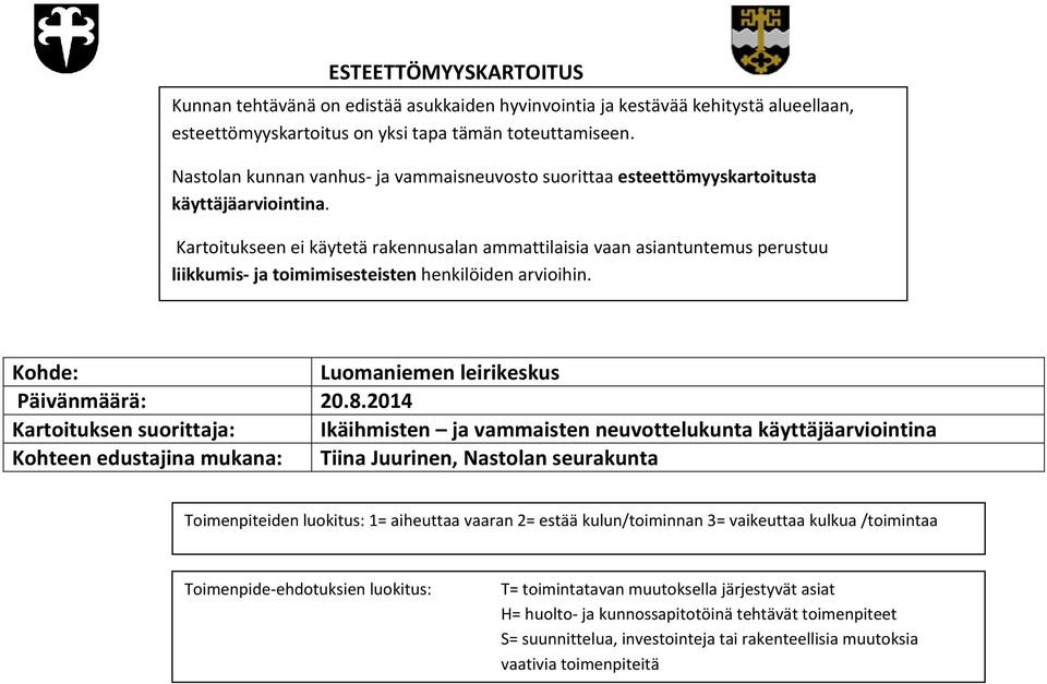 Kartoitukseen ei käytetä rakennusalan ammattilaisia vaan asiantuntemus perustuu liikkumis ja toimimisesteisten henkilöiden arvioihin. Kohde: Luomaniemen leirikeskus Päivänmäärä: 20.8.