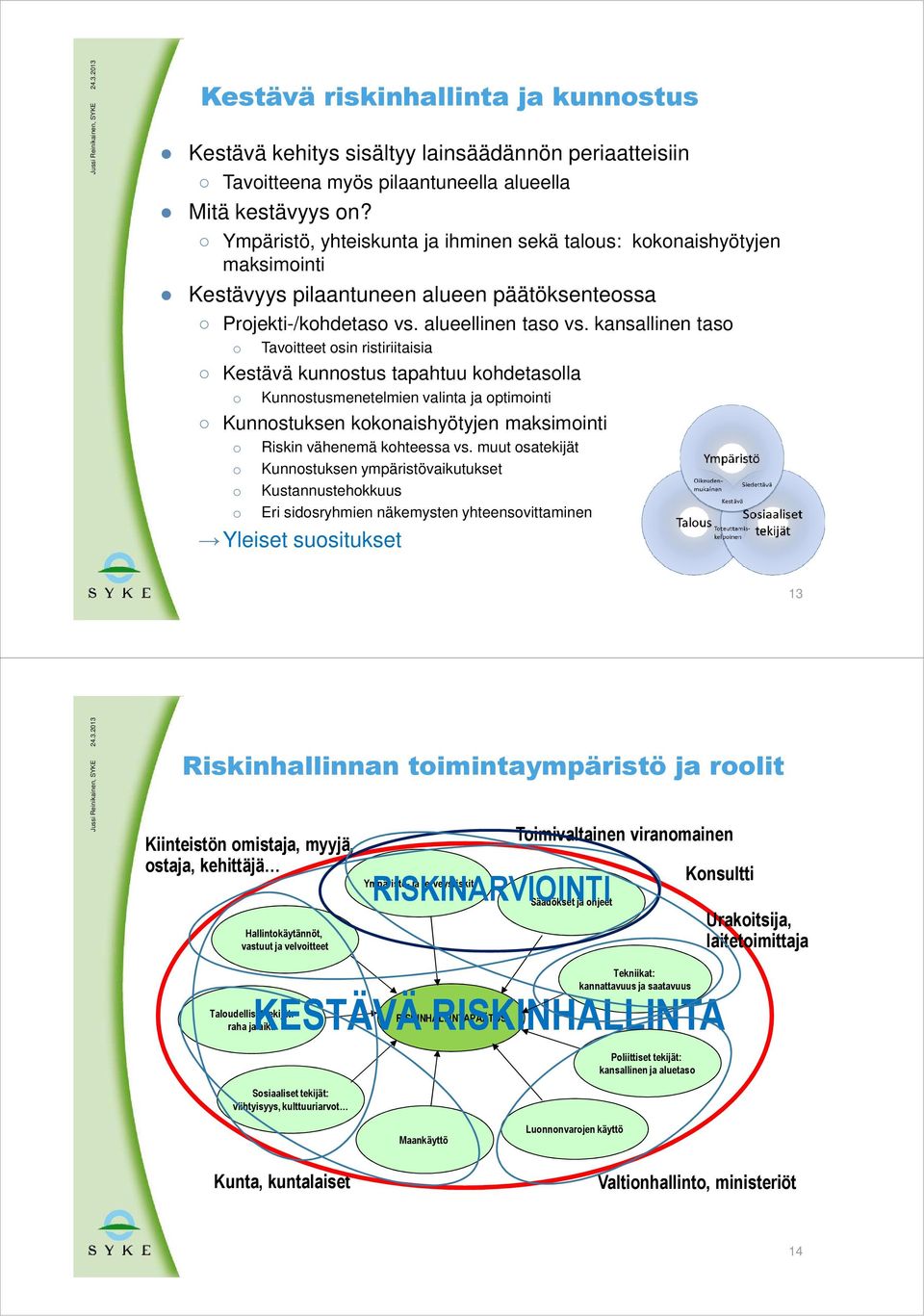 kansallinen tas Tavitteet sin ristiriitaisia Kestävä kunnstus tapahtuu khdetaslla Kunnstusmenetelmien valinta ja ptiminti Kunnstuksen kknaishyötyjen maksiminti Riskin vähenemä khteessa vs.