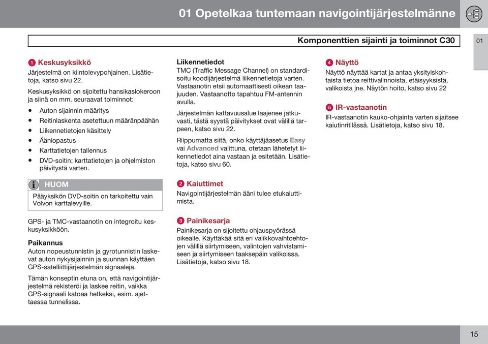 seuraavat toiminnot: Auton sijainnin määritys Reitinlaskenta asetettuun määränpäähän Liikennetietojen käsittely Ääniopastus Karttatietojen tallennus DVD-soitin; karttatietojen ja ohjelmiston