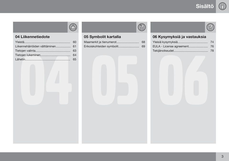 .. 65 05 Symbolit kartalla Maamerkit ja tienumerot... 68 Erikoiskohteiden symbolit.