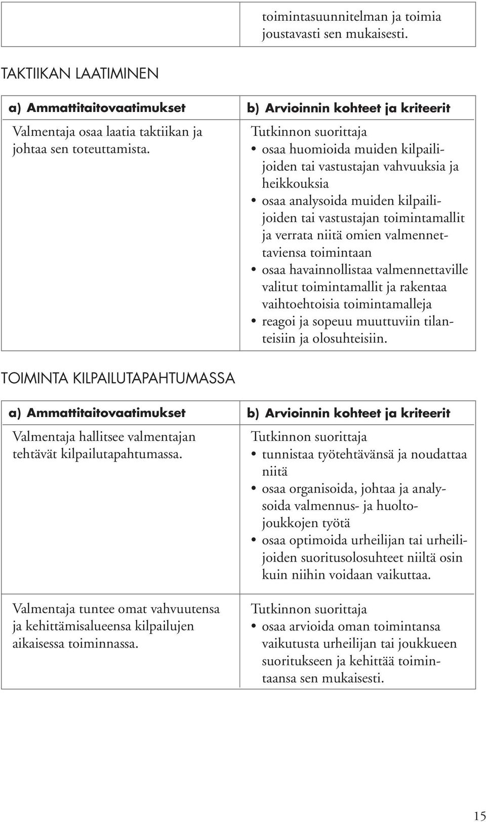 osaa havainnollistaa valmennettaville valitut toimintamallit ja rakentaa vaihtoehtoisia toimintamalleja reagoi ja sopeuu muuttuviin tilanteisiin ja olosuhteisiin.