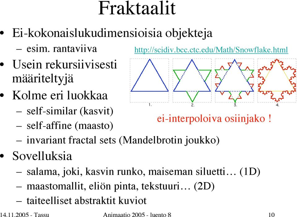 self-affine (maasto) invariant fractal sets (Mandelbrotin joukko) Sovelluksia salama, joki, kasvin runko, maiseman