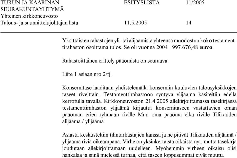 Testamenttirahastoon syntyvä ylijäämä käsiteltiin edellä kerrotulla tavalla. Kirkkoneuvoston 21.4.