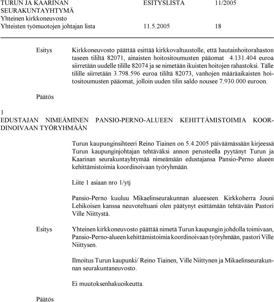 596 euroa tililtä 82073, vanhojen määräaikaisten hoitositoumusten pääomat, jolloin uuden tilin saldo nousee 7.930.000 euroon.