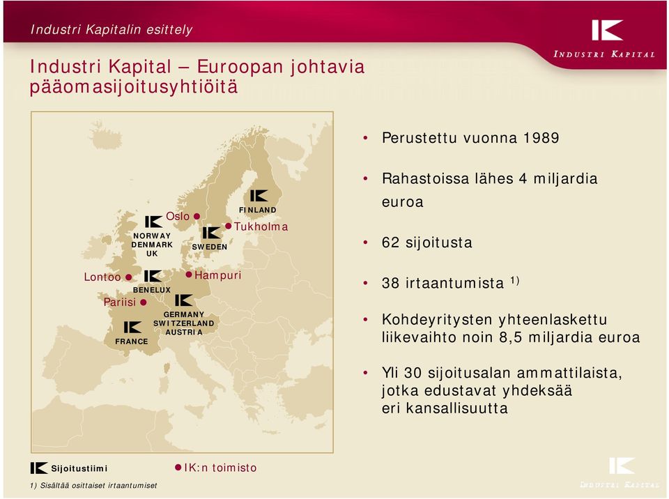 SWITZERLAND AUSTRIA Hampuri 38 irtaantumista 1) Kohdeyritysten yhteenlaskettu liikevaihto noin 8,5 miljardia euroa Yli 30