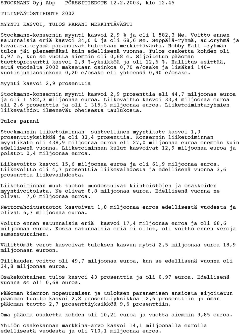 Hobby Hall -ryhmän tulos jäi pienemmäksi kuin edellisenä vuonna. Tulos osaketta kohden oli 0,97 e, kun se vuotta aiemmin oli 0,68 e.