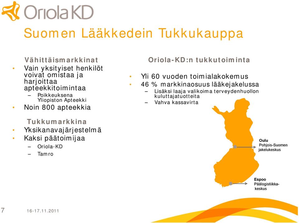 Oriola KD:n tukkutoiminta Yli 60 vuoden toimialakokemus 46 % markkinaosuus lääkejakelussa Lisäksi laaja valikoima