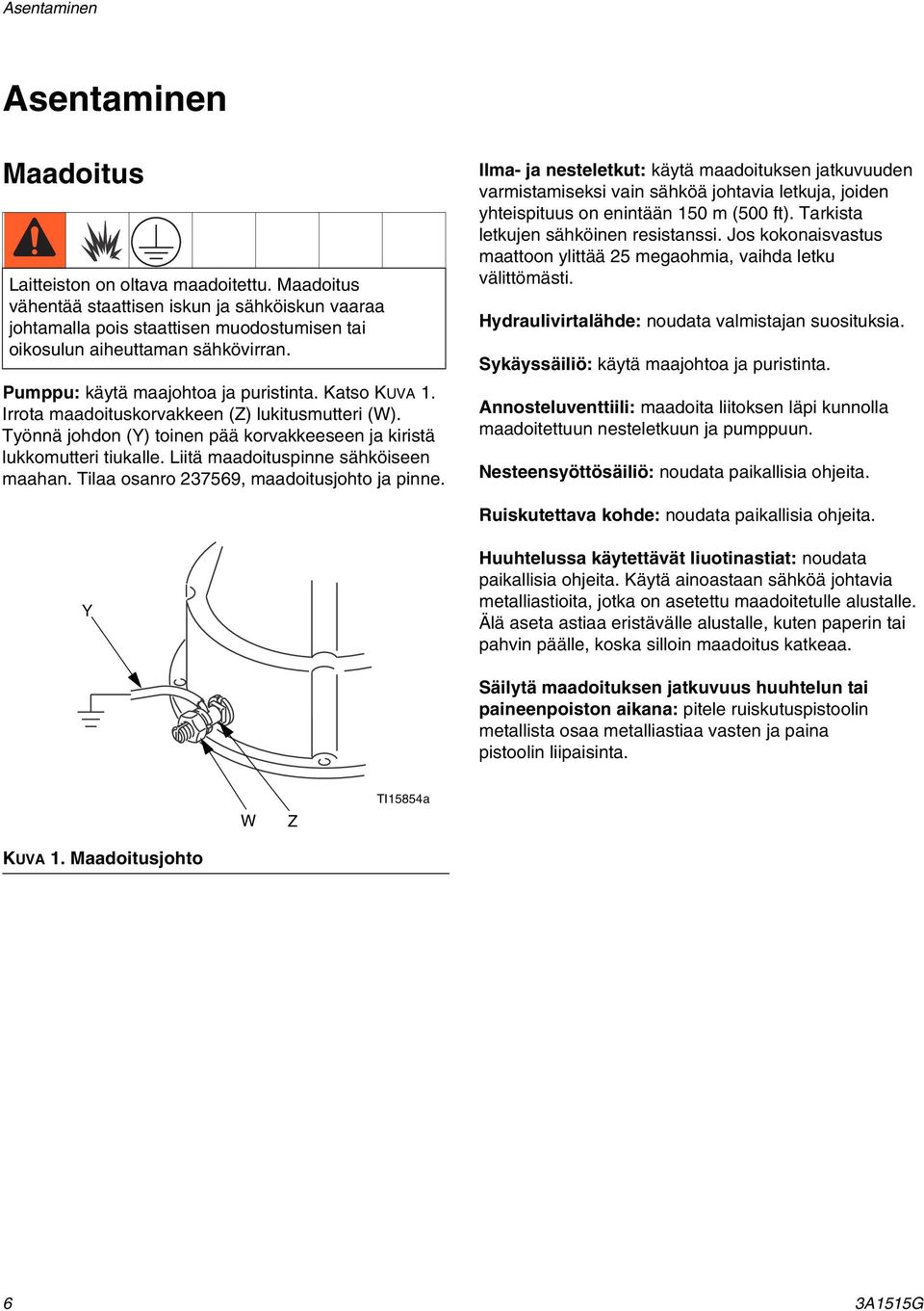 Irrota maadoituskorvakkeen (Z) lukitusmutteri (W). Työnnä johdon (Y) toinen pää korvakkeeseen ja kiristä lukkomutteri tiukalle. Liitä maadoituspinne sähköiseen maahan.