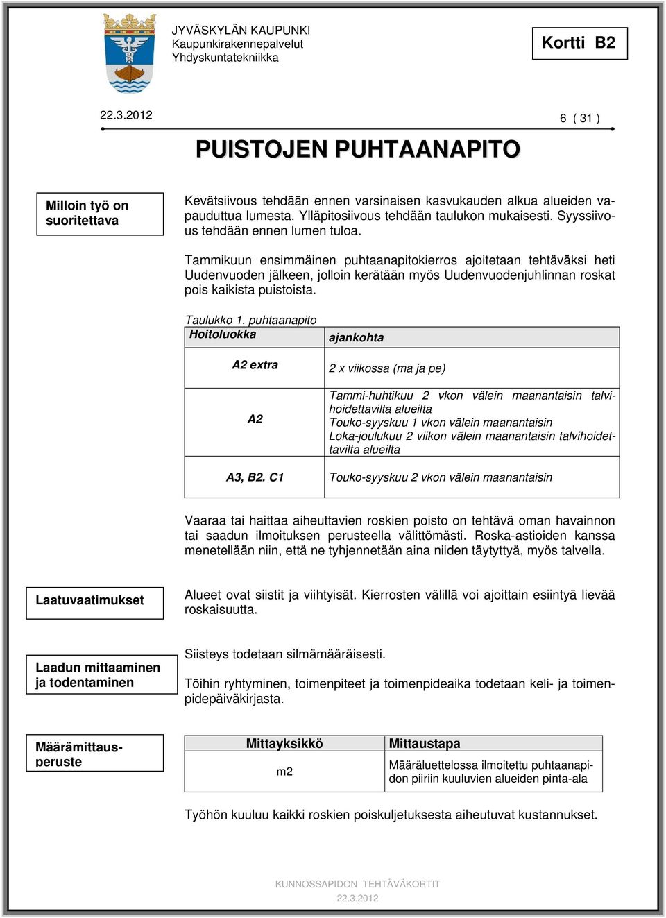 Tammikuun ensimmäinen puhtaanapitokierros ajoitetaan tehtäväksi heti Uudenvuoden jälkeen, jolloin kerätään myös Uudenvuodenjuhlinnan roskat pois kaikista puistoista. Taulukko 1.