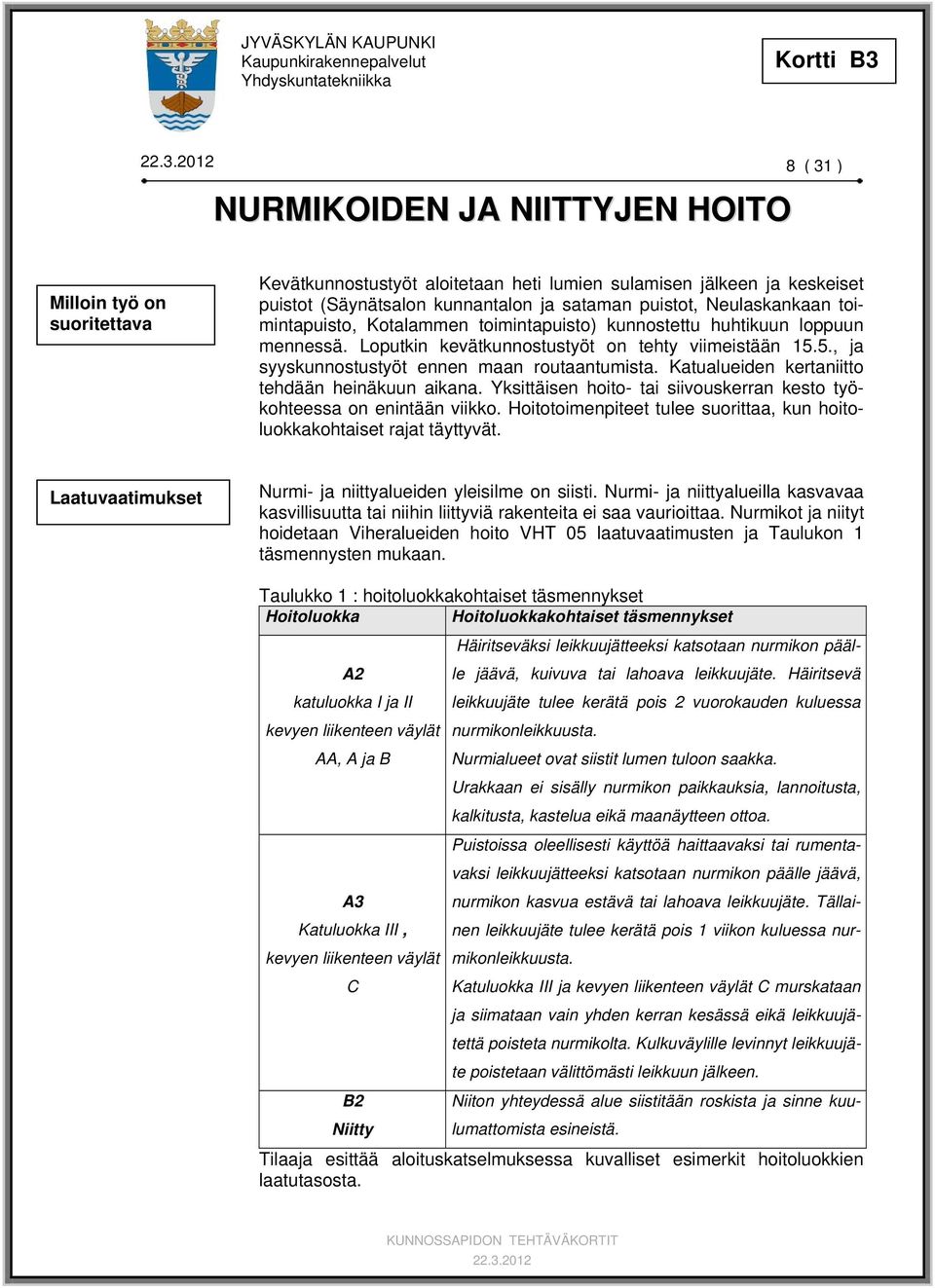 Katualueiden kertaniitto tehdään heinäkuun aikana. Yksittäisen hoito- tai siivouskerran kesto työkohteessa on enintään viikko.