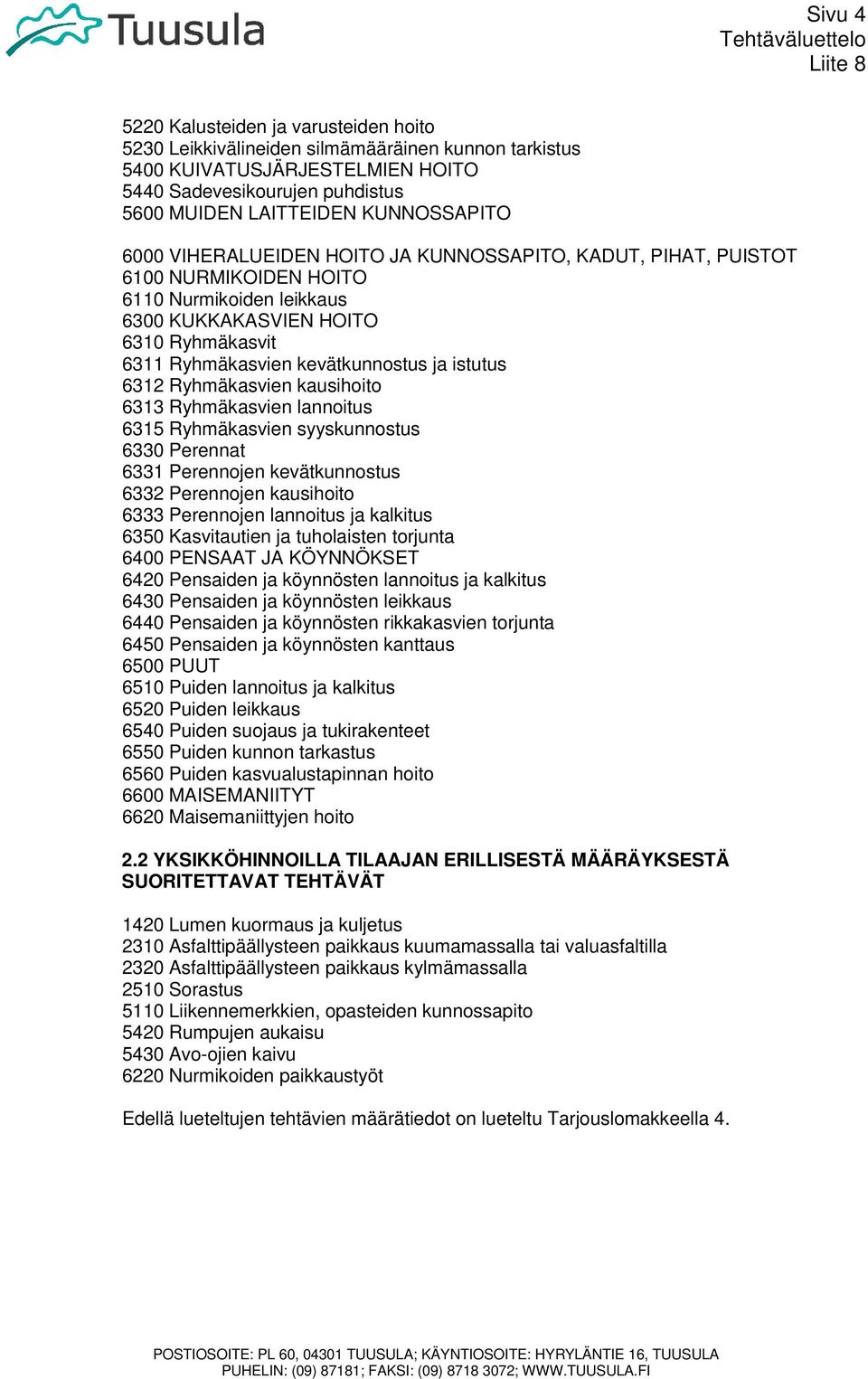 6312 Ryhmäkasvien kausihoito 6313 Ryhmäkasvien lannoitus 6315 Ryhmäkasvien syyskunnostus 6330 Perennat 6331 Perennojen kevätkunnostus 6332 Perennojen kausihoito 6333 Perennojen lannoitus ja kalkitus