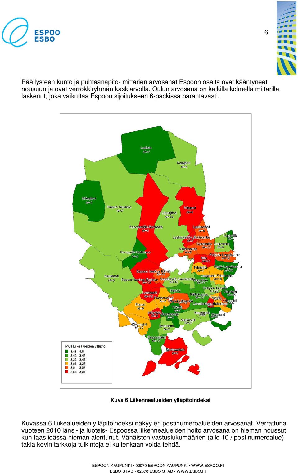 Kuva 6 Liikennealueiden ylläpitoindeksi Kuvassa 6 Liikealueiden ylläpitoindeksi näkyy eri postinumeroalueiden arvosanat.