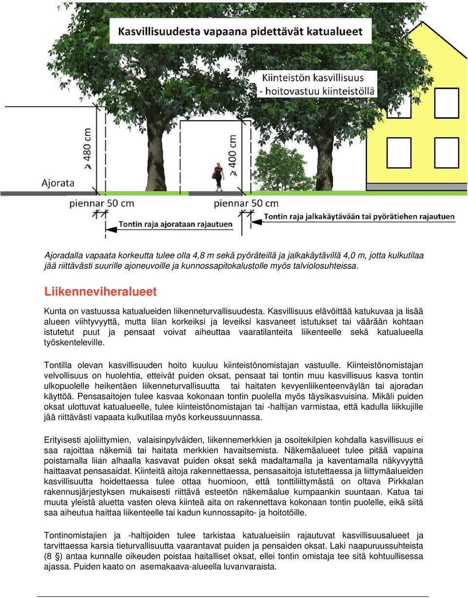 Kasvillisuus elävöittää katukuvaa ja lisää alueen viihtyvyyttä, mutta liian korkeiksi ja leveiksi kasvaneet istutukset tai väärään kohtaan istutetut puut ja pensaat voivat aiheuttaa vaaratilanteita