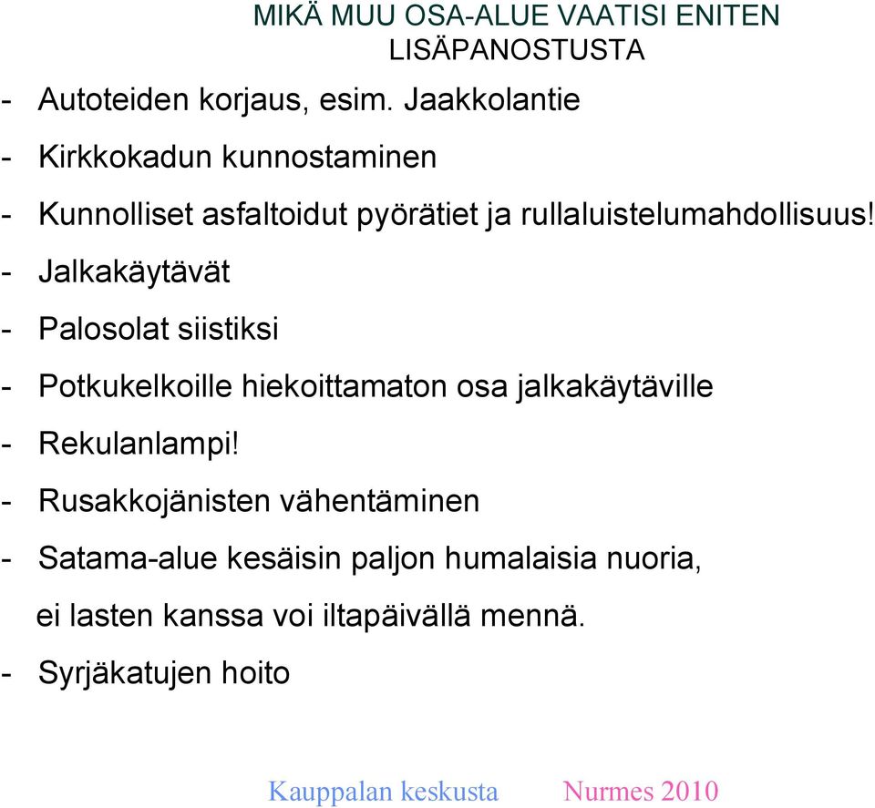 - Jalkakäytävät - Palosolat siistiksi - Potkukelkoille hiekoittamaton osa jalkakäytäville - Rekulanlampi!