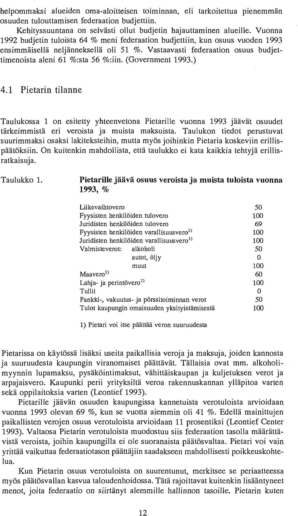 (Government 1993.) 4.1 Pietarin tilanne Taulukossa 1 on esitetty yhteenvetona Pietarille vuonna 1993 jaavat osuudet tarkeimmista eri veroista ja muista maksuista.