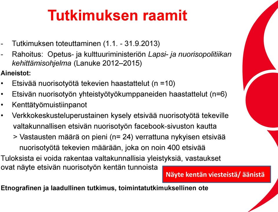 yhteistyötyökumppaneiden haastattelut (n=6) Kenttätyömuistiinpanot Verkkokeskusteluperustainen kysely etsivää nuorisotyötä tekeville valtakunnallisen etsivän nuorisotyön facebook-sivuston kautta >