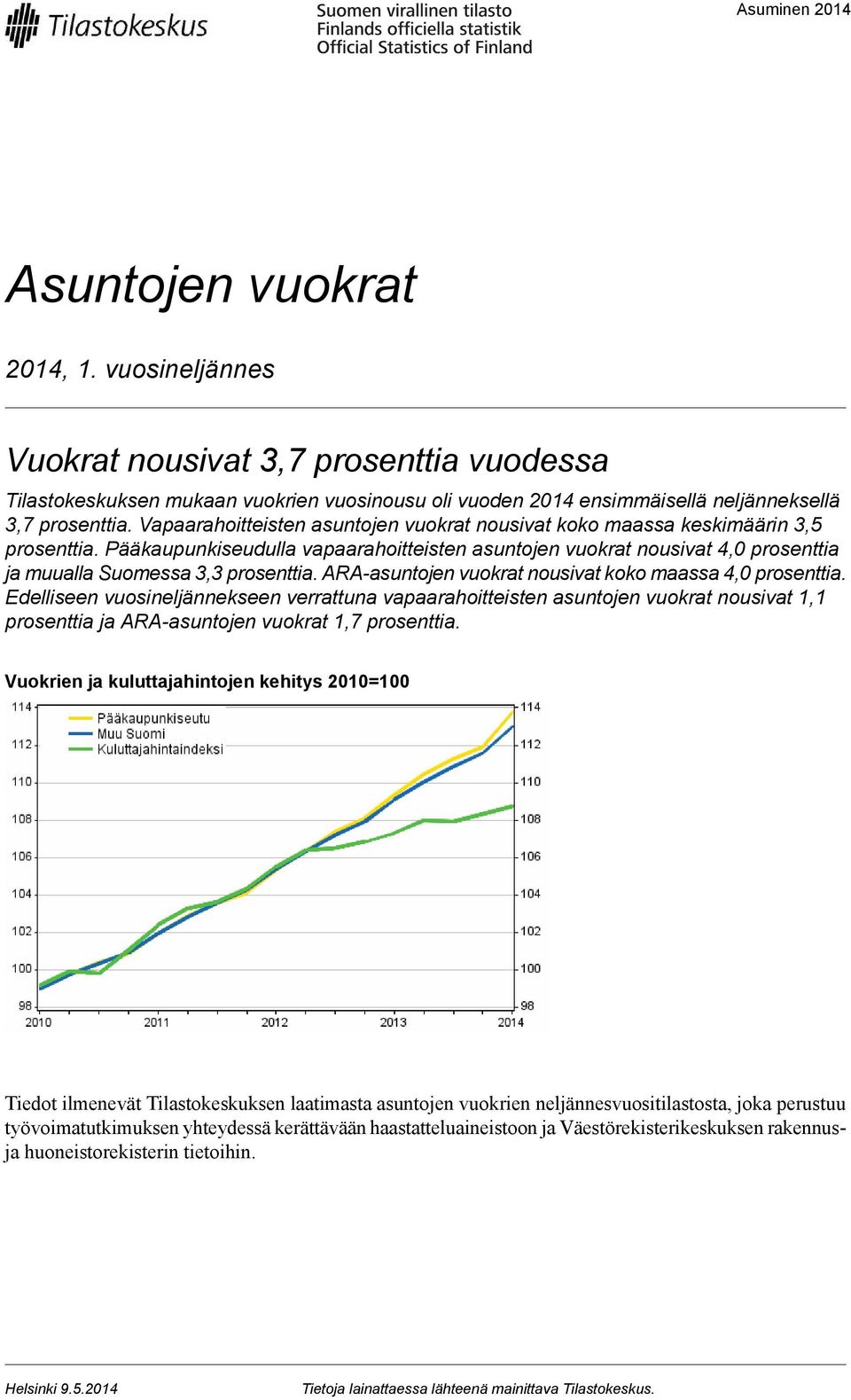 ARA-asuntojen vuokrat nousivat koko maassa prosenttia Edelliseen vuosineljännekseen verrattuna vapaarahoitteisten asuntojen vuokrat nousivat prosenttia ja ARA-asuntojen vuokrat prosenttia Vuokrien ja