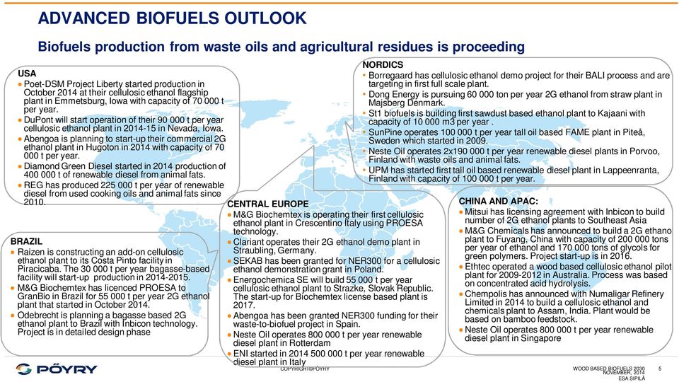 Abengoa is planning to start-up their commercial 2G ethanol plant in Hugoton in 2014 with capacity of 70 000 t per year.