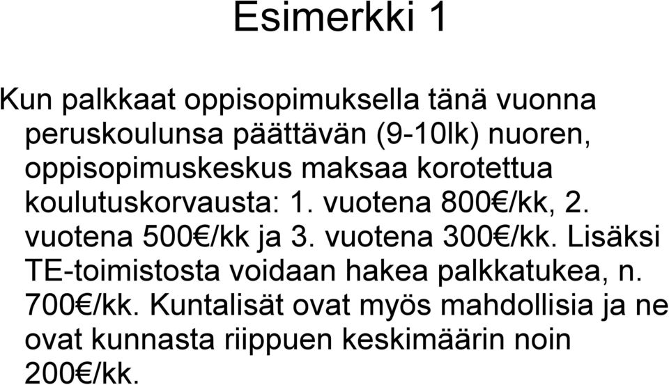 vuotena 500 /kk ja 3. vuotena 300 /kk. Lisäksi TE-toimistosta voidaan hakea palkkatukea, n.