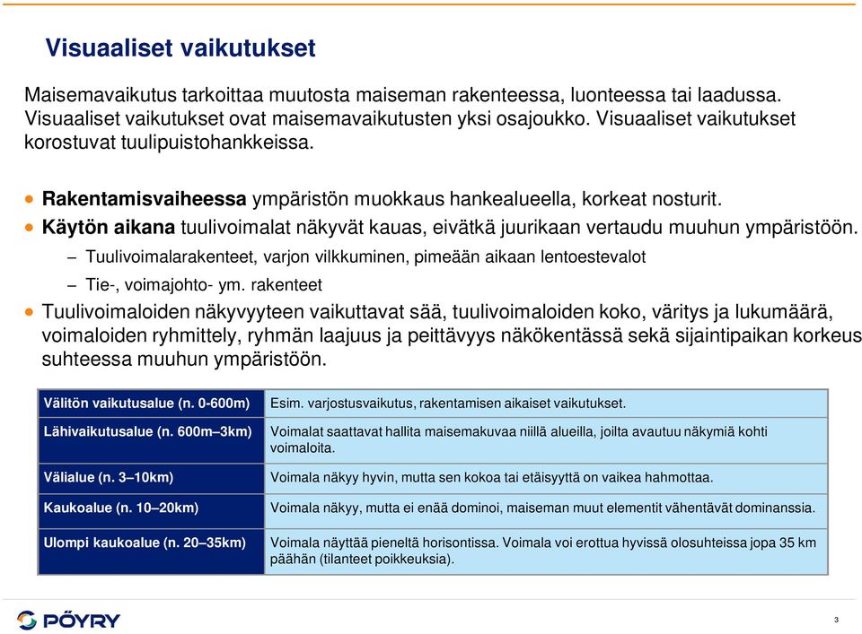 Käytön aikana tuulivoimalat näkyvät kauas, eivätkä juurikaan vertaudu muuhun ympäristöön. Tuulivoimalarakenteet, varjon vilkkuminen, pimeään aikaan lentoestevalot Tie-, voimajohto- ym.