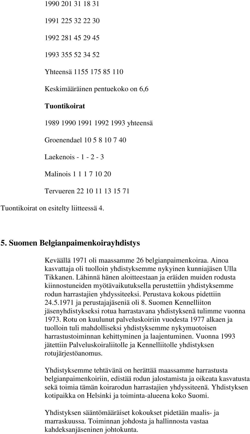 Suomen Belgianpaimenkoirayhdistys Keväällä 1971 oli maassamme 26 belgianpaimenkoiraa. Ainoa kasvattaja oli tuolloin yhdistyksemme nykyinen kunniajäsen Ulla Tikkanen.