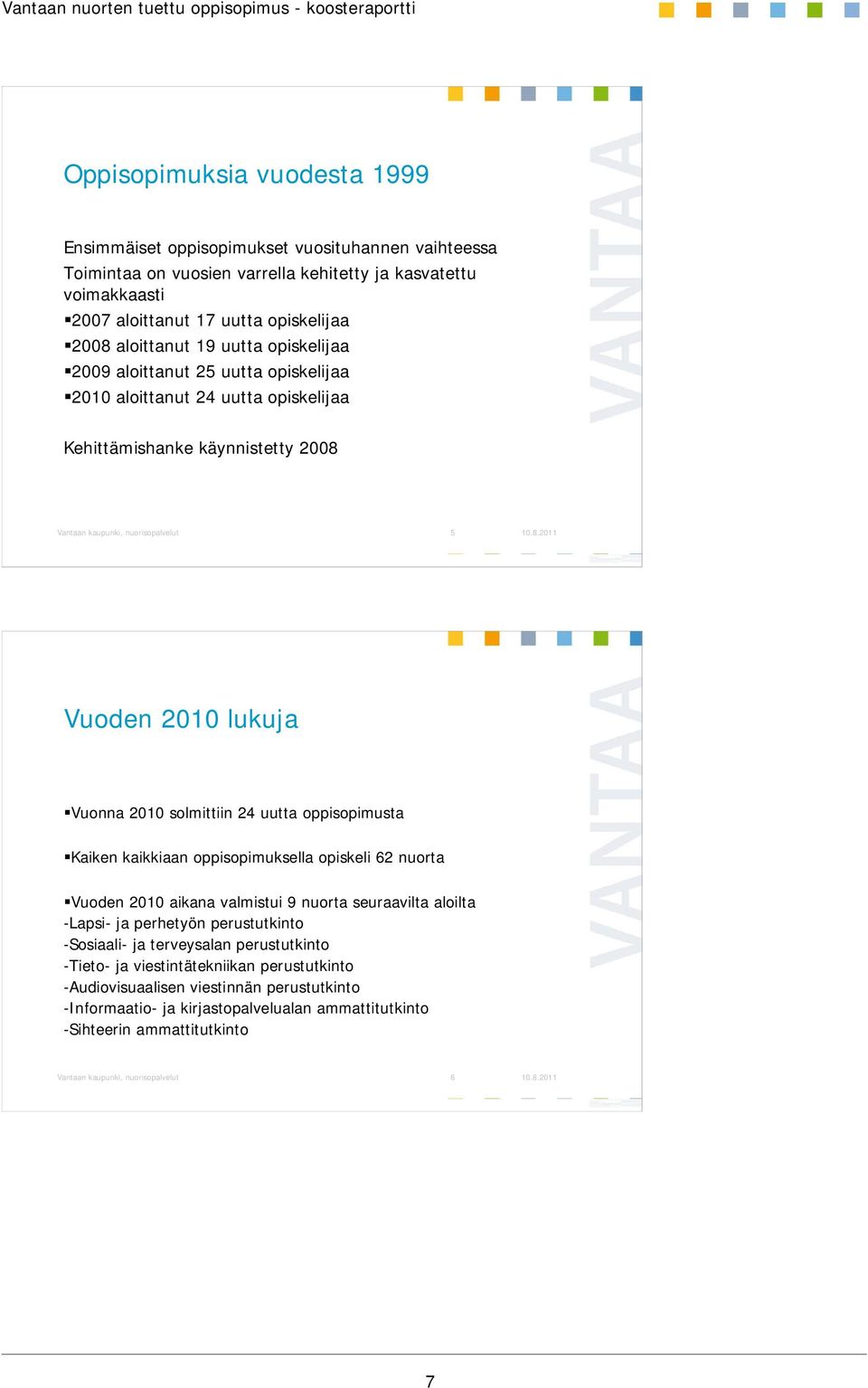 Vuonna 2010 solmittiin 24 uutta oppisopimusta Kaiken kaikkiaan oppisopimuksella opiskeli 62 nuorta Vuoden 2010 aikana valmistui 9 nuorta seuraavilta aloilta -Lapsi- ja perhetyön perustutkinto