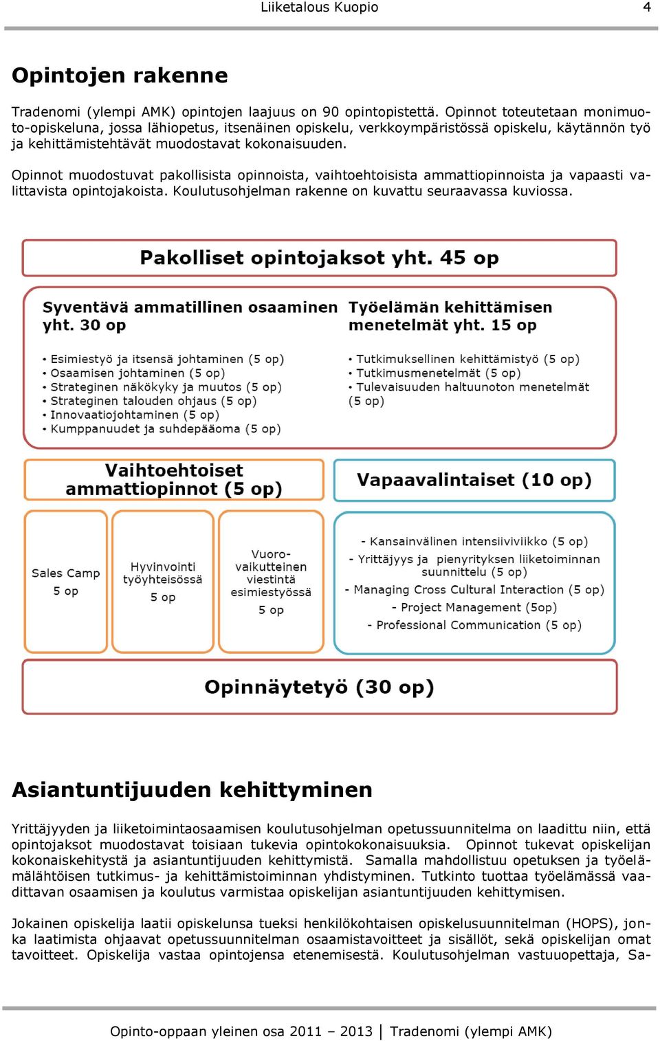 Opinnot muodostuvat pakollisista opinnoista, vaihtoehtoisista ammattiopinnoista ja vapaasti valittavista opintojakoista. Koulutusohjelman rakenne on kuvattu seuraavassa kuviossa.