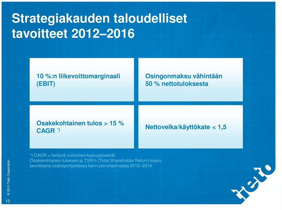 Nettovelka/käyttökate < 1,5 *) CAGR = kertyvä vuotuinen kasvuprosentti Osakekohtaisen