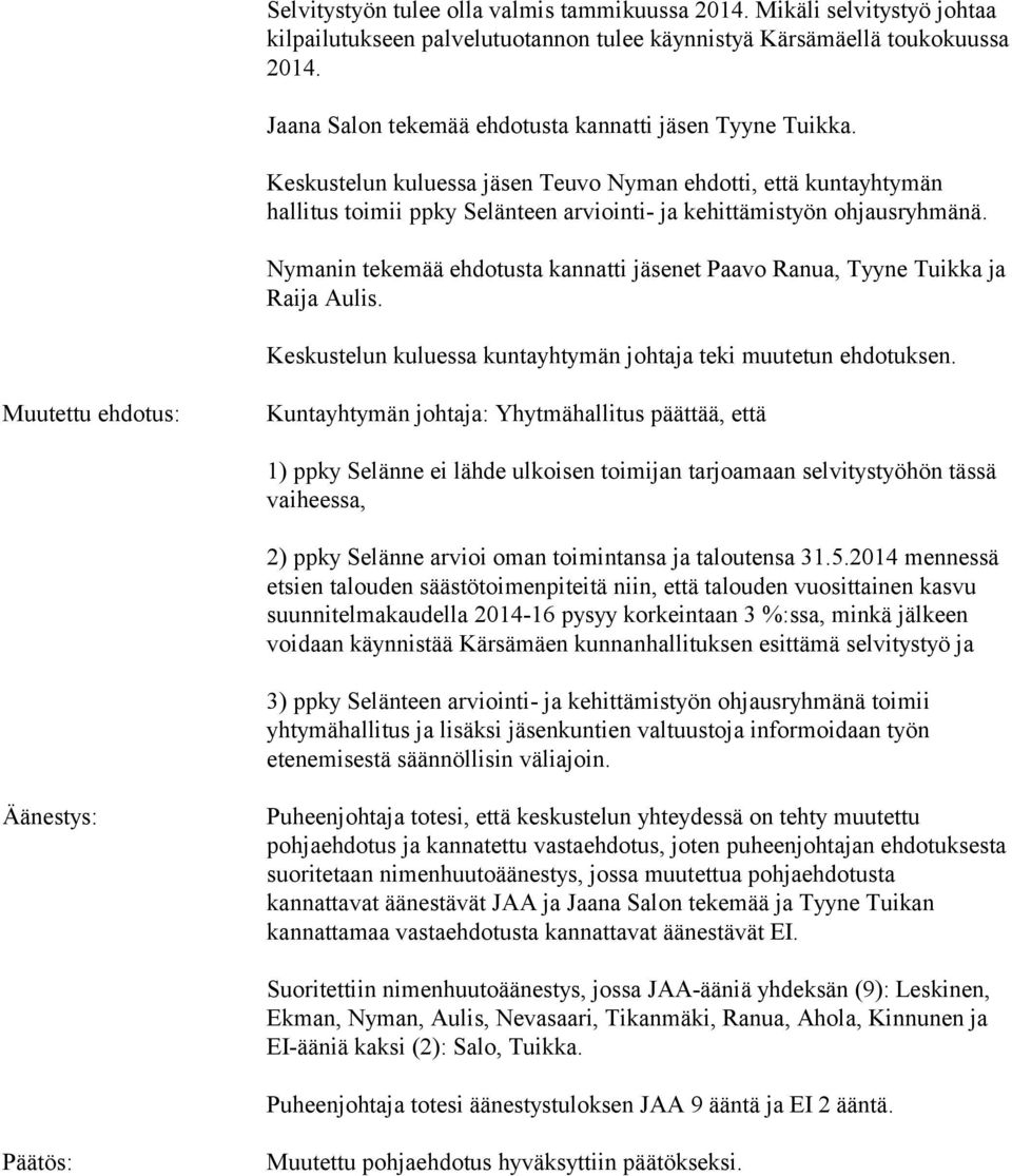 Nymanin tekemää ehdotusta kannatti jäsenet Paavo Ranua, Tyyne Tuikka ja Raija Aulis. Keskustelun kuluessa kuntayhtymän johtaja teki muutetun ehdotuksen.