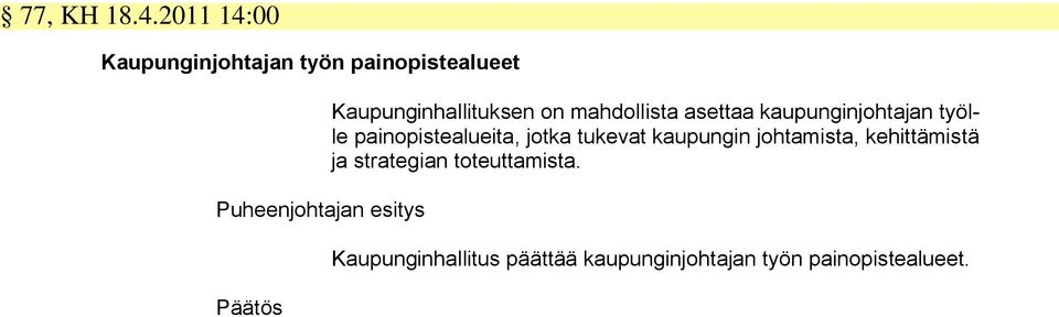 Kaupunginhallituksen on mahdollista asettaa kaupunginjohtajan työlle