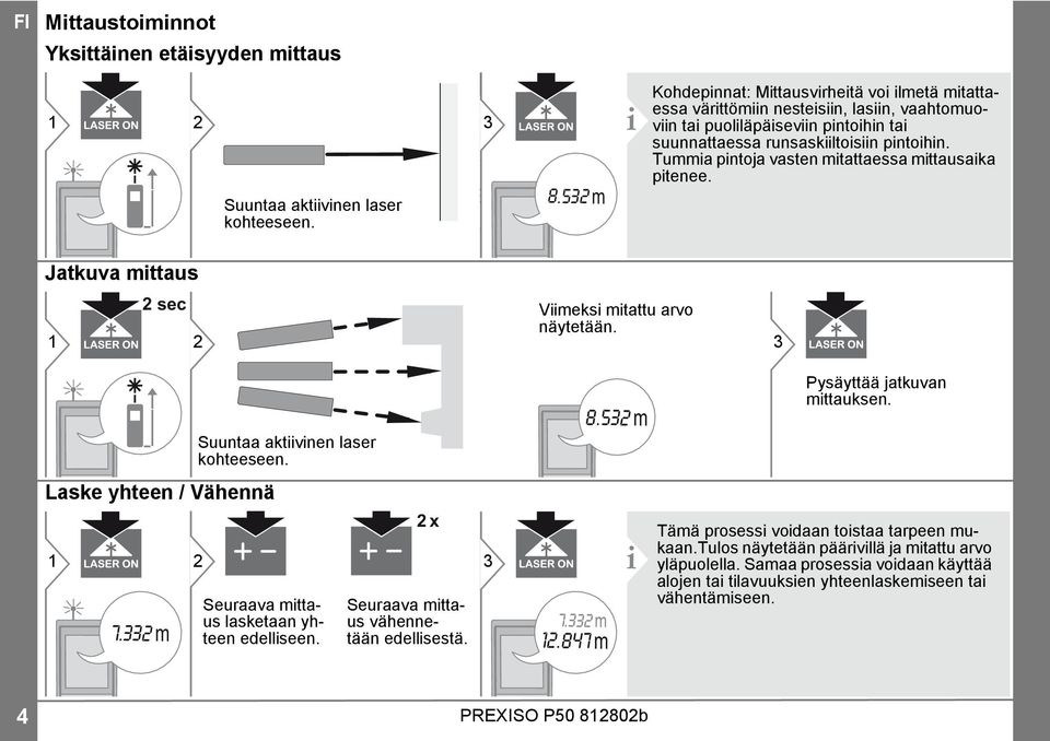 Tummia pintoja vasten mitattaessa mittausaika pitenee. Jatkuva mittaus 2 sec 1 2 Viimeksi mitattu arvo näytetään. 3 Laske yhteen / Vähennä 1 7.332 m Suuntaa aktiivinen laser kohteeseen.