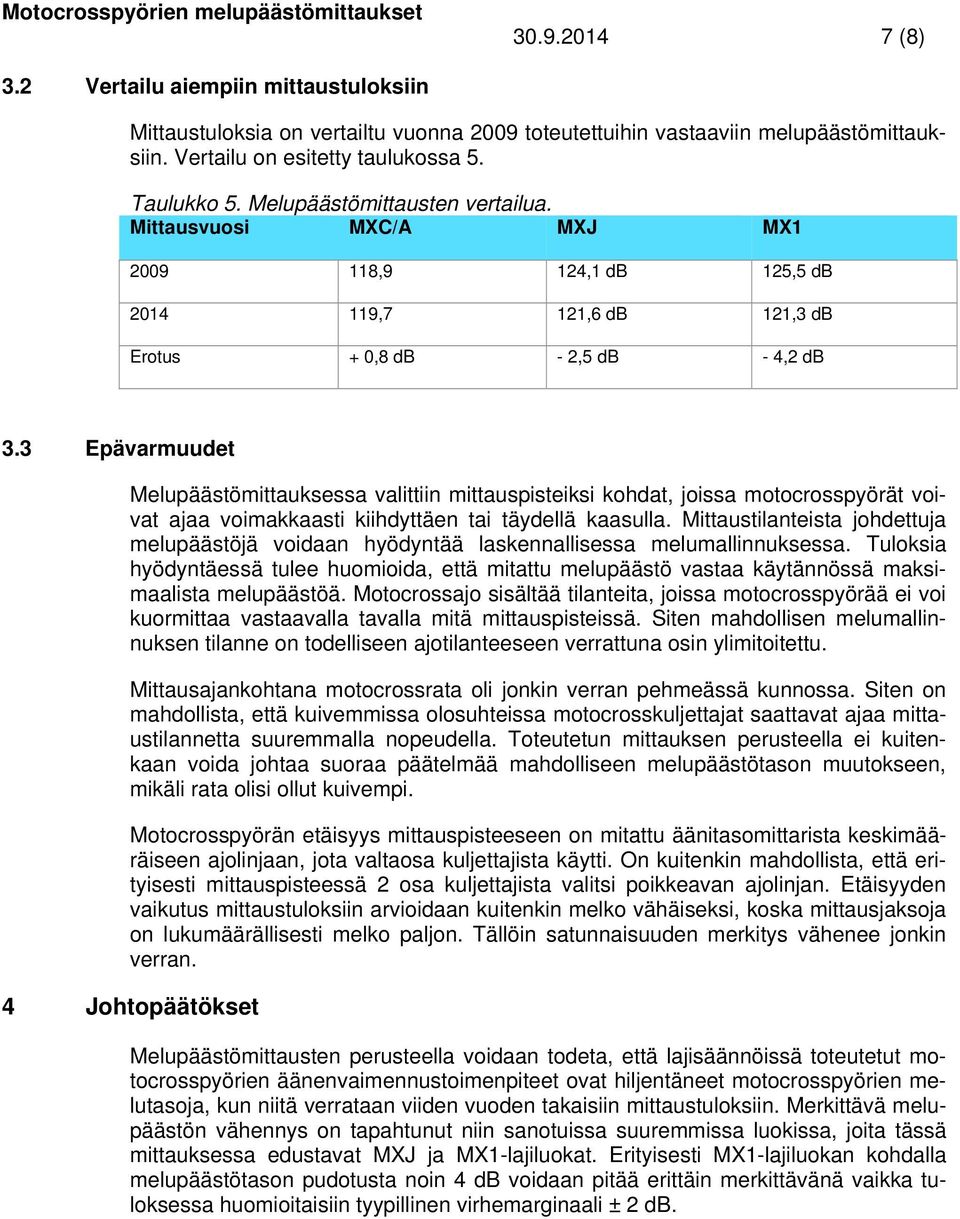 3 Epävarmuudet Melupäästömittauksessa valittiin mittauspisteiksi kohdat, joissa motocrosspyörät voivat ajaa voimakkaasti kiihdyttäen tai täydellä kaasulla.