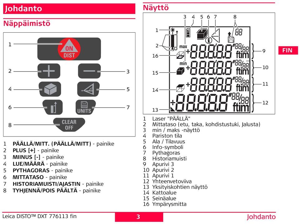 - painike 8 TYJEÄ/POI PÄÄÄ - painike 5 7 14 13 1 Laser "PÄÄLLÄ" 2 Mittataso (etu, taka, kohdistustuki, Jalusta) 3 min / maks -näyttö 4 Pariston