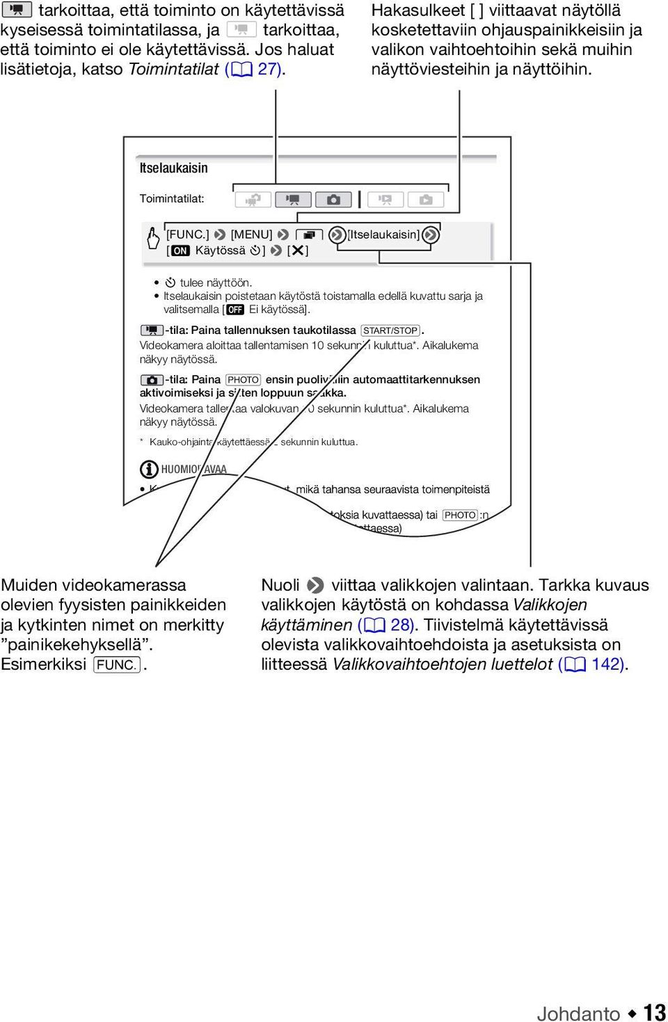 ] 8 [MENU] 8 8 8 [Itselaukaisin] 8 [A Käytössä n] 8 [a] n tulee näyttöön. Itselaukaisin poistetaan käytöstä toistamalla edellä kuvattu sarja ja valitsemalla [B Ei käytössä].