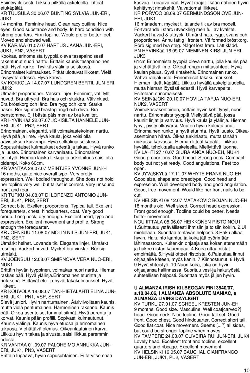 07 HARTUS JAANA JUN-ERI, JUK1, PN2, VASERT Kookas, erinomaista tyyppiä oleva tasapainoisesti rakentunut nuori narttu. Erittäin kaunis tasapainoinen pää. Hyvä runko. Tyylikäs ylälinja seistessä.