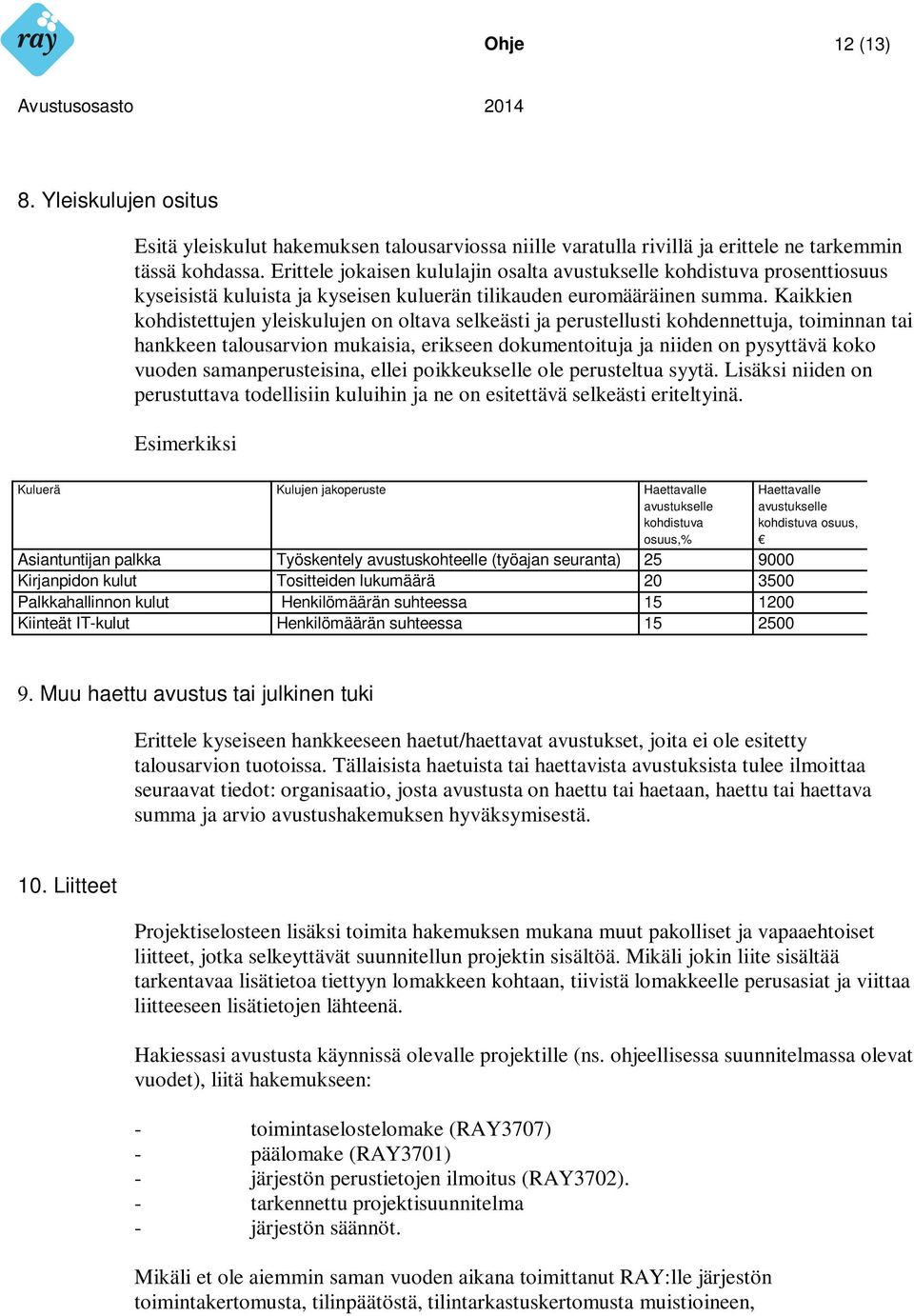 Kaikkien kohdistettujen yleiskulujen on oltava selkeästi ja perustellusti kohdennettuja, toiminnan tai hankkeen talousarvion mukaisia, erikseen dokumentoituja ja niiden on pysyttävä koko vuoden