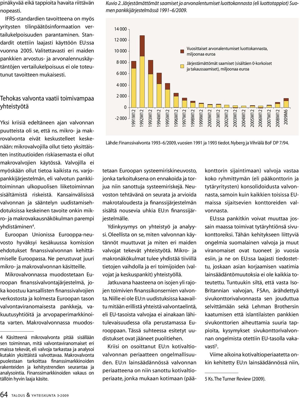 Järjestämättömät saamiset ja arvonalentumiset luottokannasta (eli luottotappiot) Suomen pankkijärjestelmässä 1991 6/2009.
