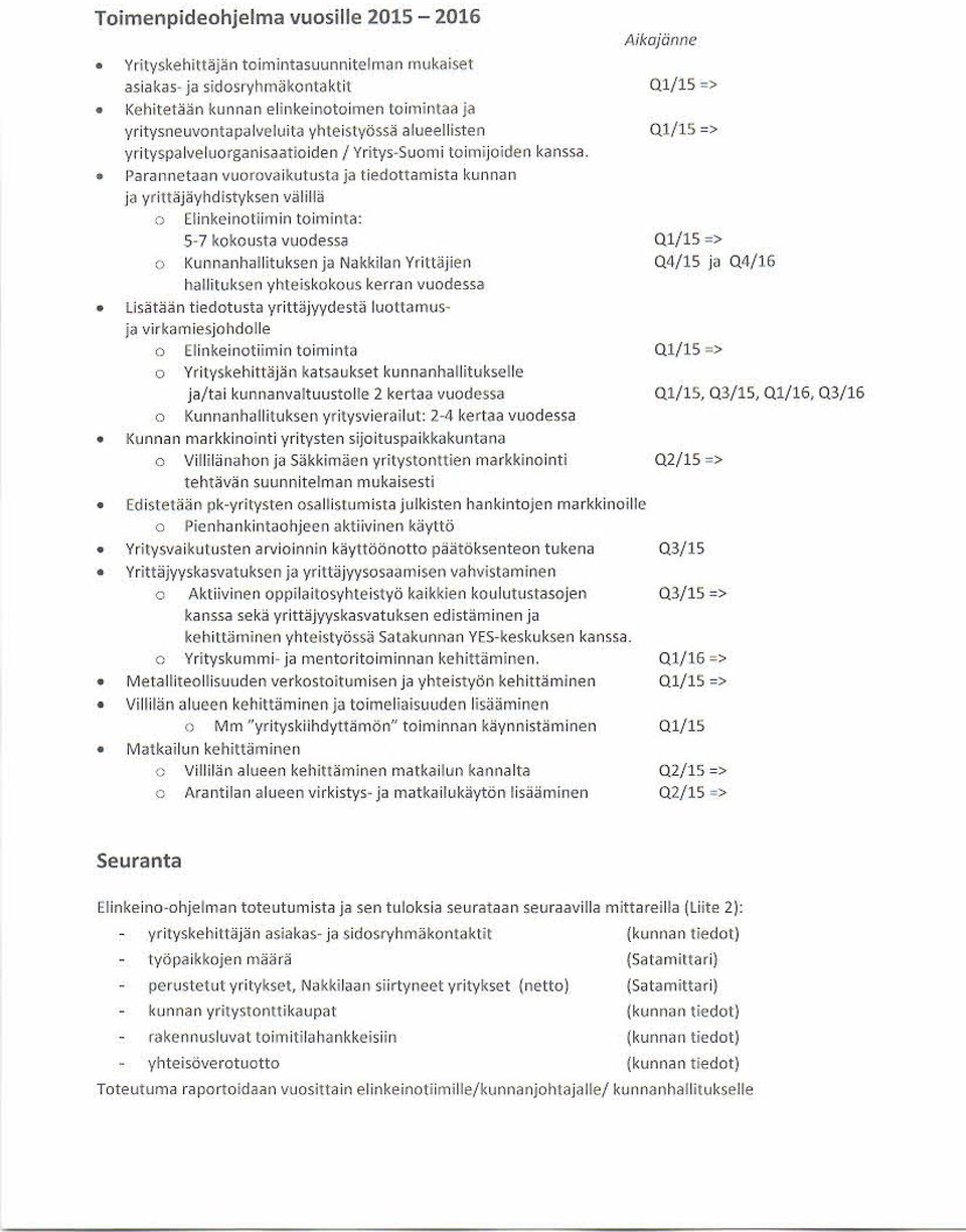 Parannetaan vuorovaikutusta ja tiedottamista kunnan ja yrittäjäy hdisty ksen välillä 0 5-7 kokousta vuodessa Q1/15 => Kunnanhallituksen ja Nakkilan Yrittäjien Q4/15 ja Q4/16 hallituksen yhteiskokous