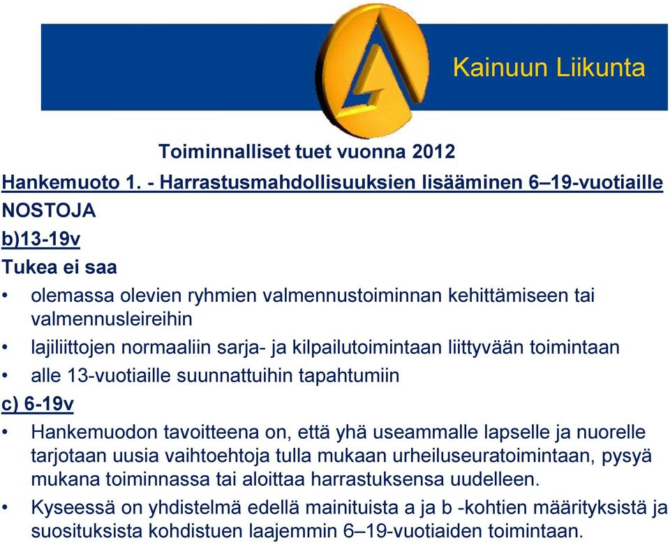 valmennusleireihin lajiliittojen normaaliin sarja- ja kilpailutoimintaan liittyvään toimintaan alle 13-vuotiaille suunnattuihin tapahtumiin c) 6-19v Hankemuodon