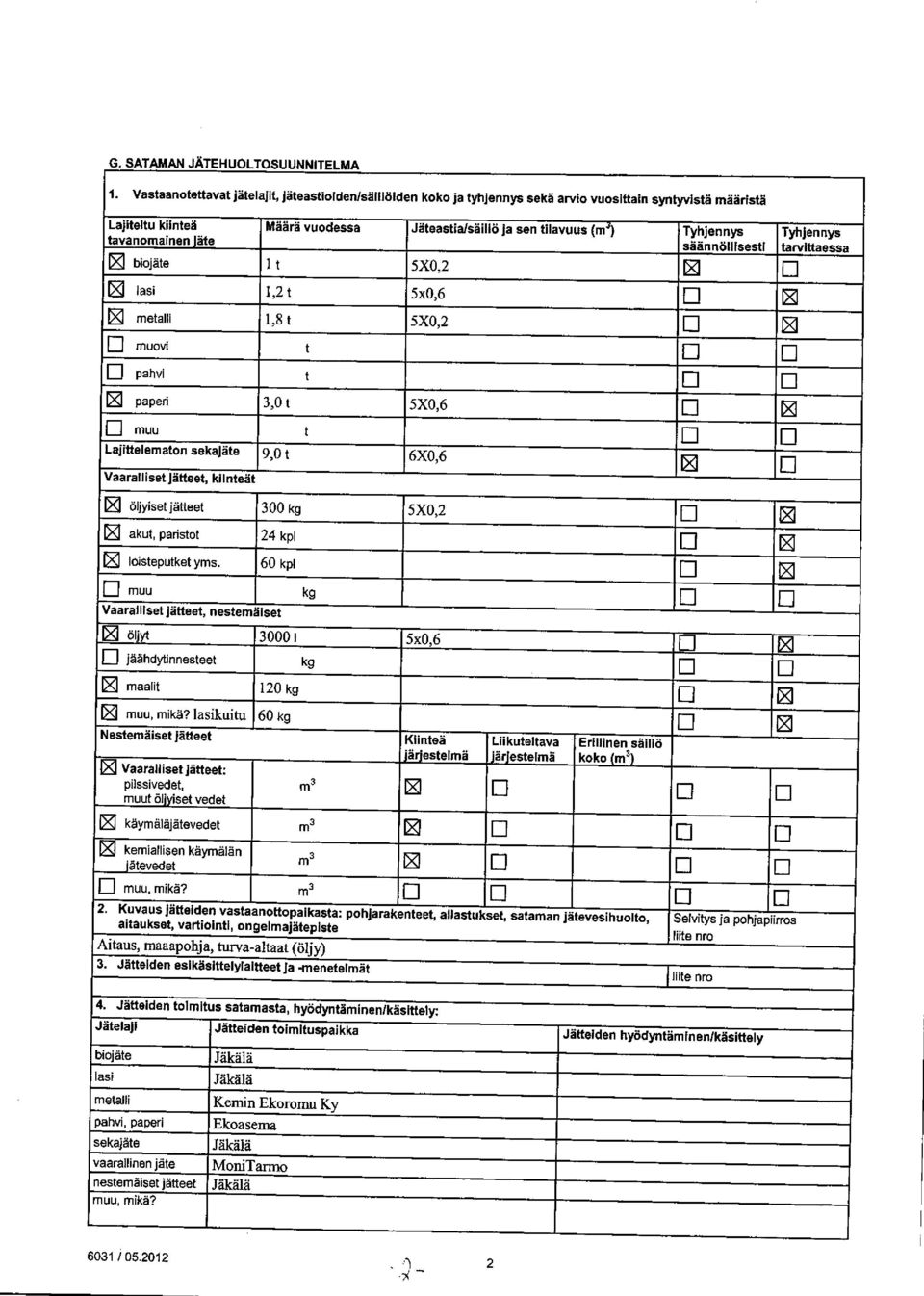 säännöllisesi biojäe 1 5X,2 Tyhjennys arviaessa lasi 1,2 5x,6 mealli 1,8 5X,2 muovi pahvi paperi 3, 5X,6 muu Lajielemaon sekajäe 9, 6X,6 Vaarallise jäee, kiineä öljyise jäee 3 kg 5X,2 aku, pariso 24