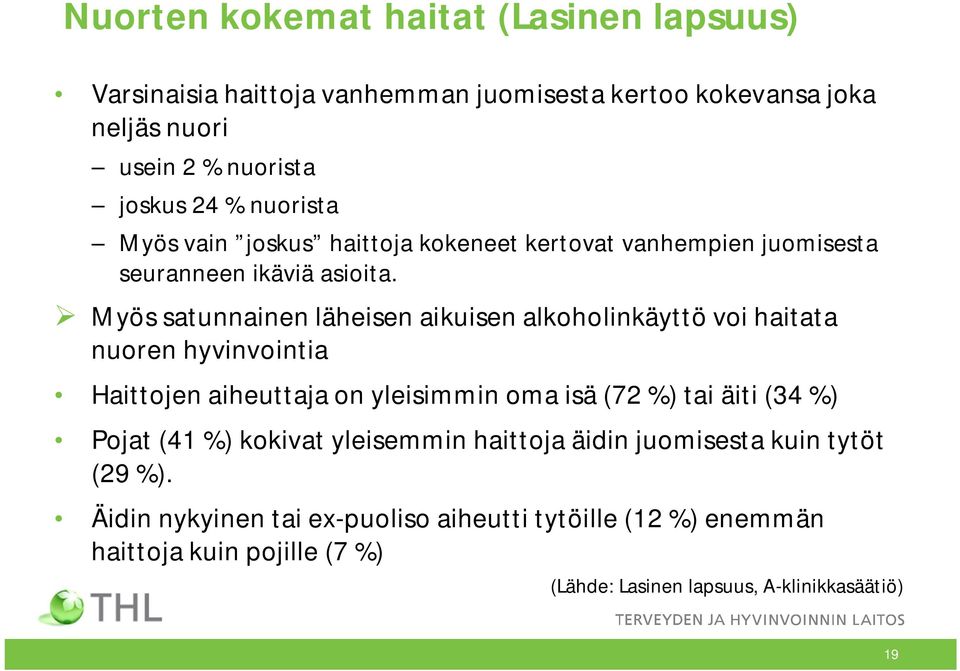 Myös satunnainen läheisen aikuisen alkoholinkäyttö voi haitata nuoren hyvinvointia Haittojen aiheuttaja on yleisimmin oma isä (72 %) tai äiti (34 %)