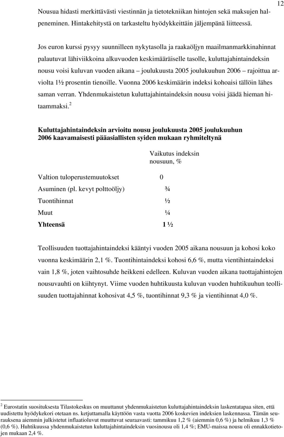 aikana joulukuusta 2005 joulukuuhun 2006 rajoittua arviolta 1½ prosentin tienoille. Vuonna 2006 keskimäärin indeksi kohoaisi tällöin lähes saman verran.