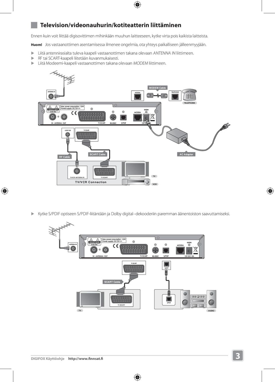 RF tai SCART-kaapeli liitetään kuvanmukaisesti. Liitä Modeemi-kaapeli vastaanottimen takana olevaan MODEM liittimeen.