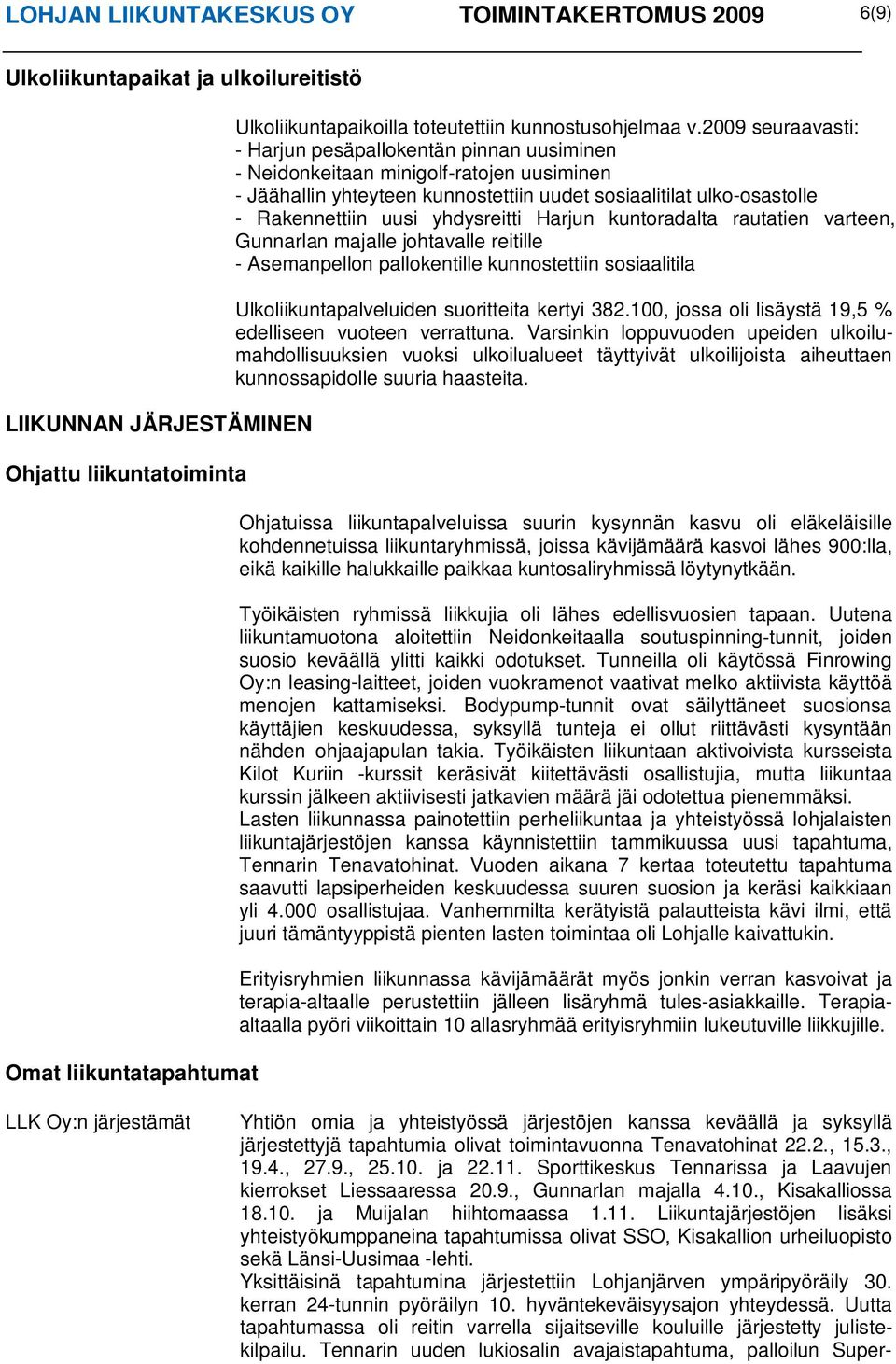 2009 seuraavasti: - Harjun pesäpallokentän pinnan uusiminen - Neidonkeitaan minigolf-ratojen uusiminen - Jäähallin yhteyteen kunnostettiin uudet sosiaalitilat ulko-osastolle - Rakennettiin uusi