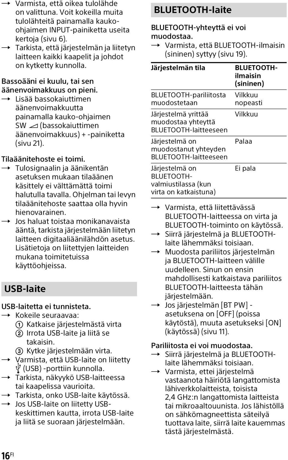 Lisää bassokaiuttimen äänenvoimakkuutta painamalla kauko-ohjaimen SW (bassokaiuttimen äänenvoimakkuus) + -painiketta (sivu 21). Tilaäänitehoste ei toimi.