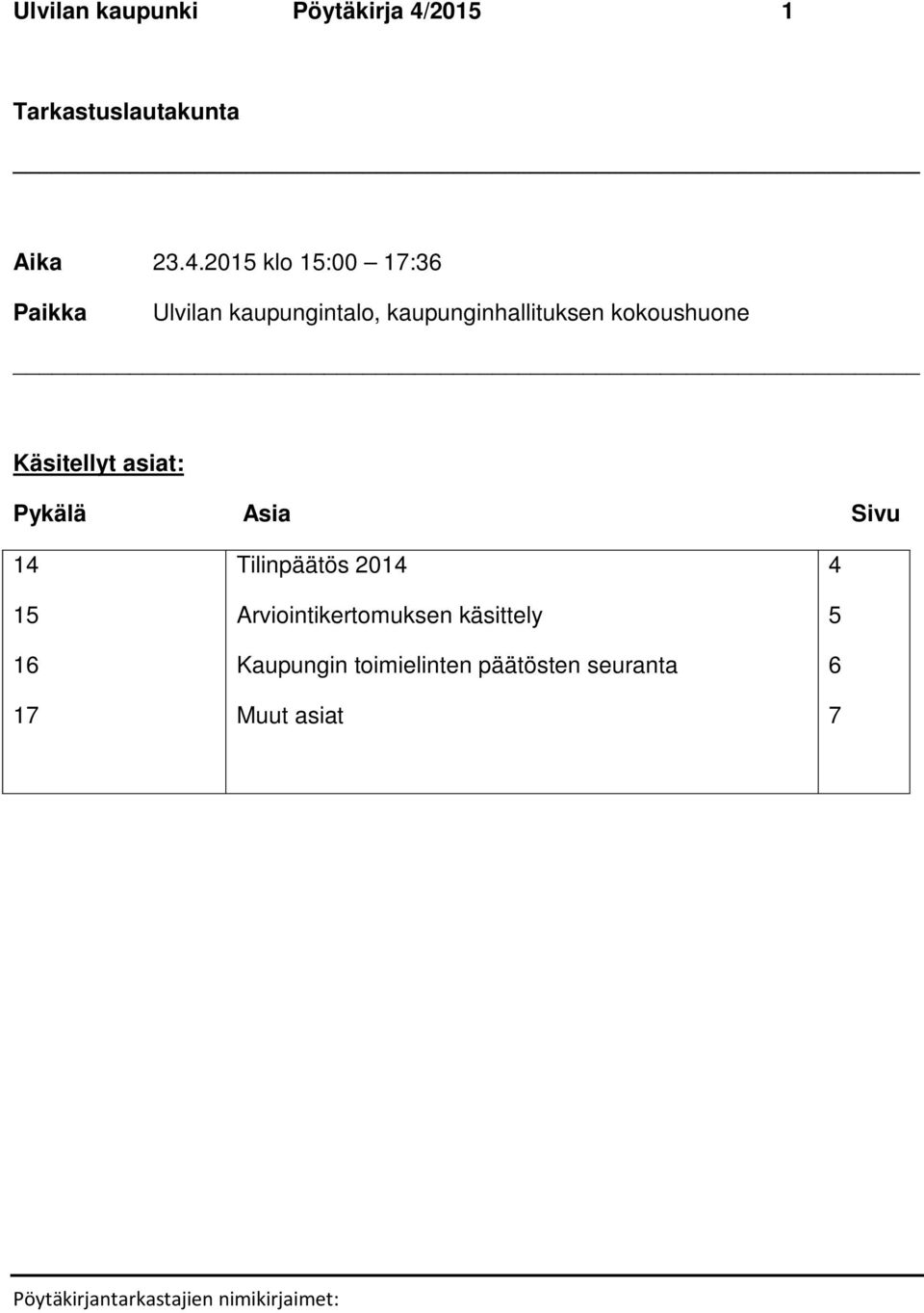 2015 klo 15:00 17:36 Paikka Ulvilan kaupungintalo, kaupunginhallituksen