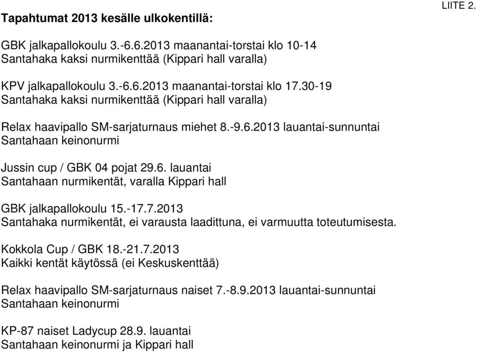 -17.7.2013 Santahaka nurmikentät, ei varausta laadittuna, ei varmuutta toteutumisesta. Kokkola Cup / GBK 18.-21.7.2013 Kaikki kentät käytössä (ei Keskuskenttää) Relax haavipallo SM-sarjaturnaus naiset 7.